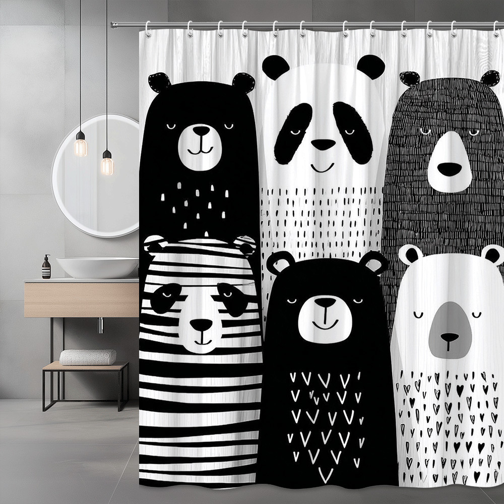 Bear Panda Shower Curtain Black White Animal Print