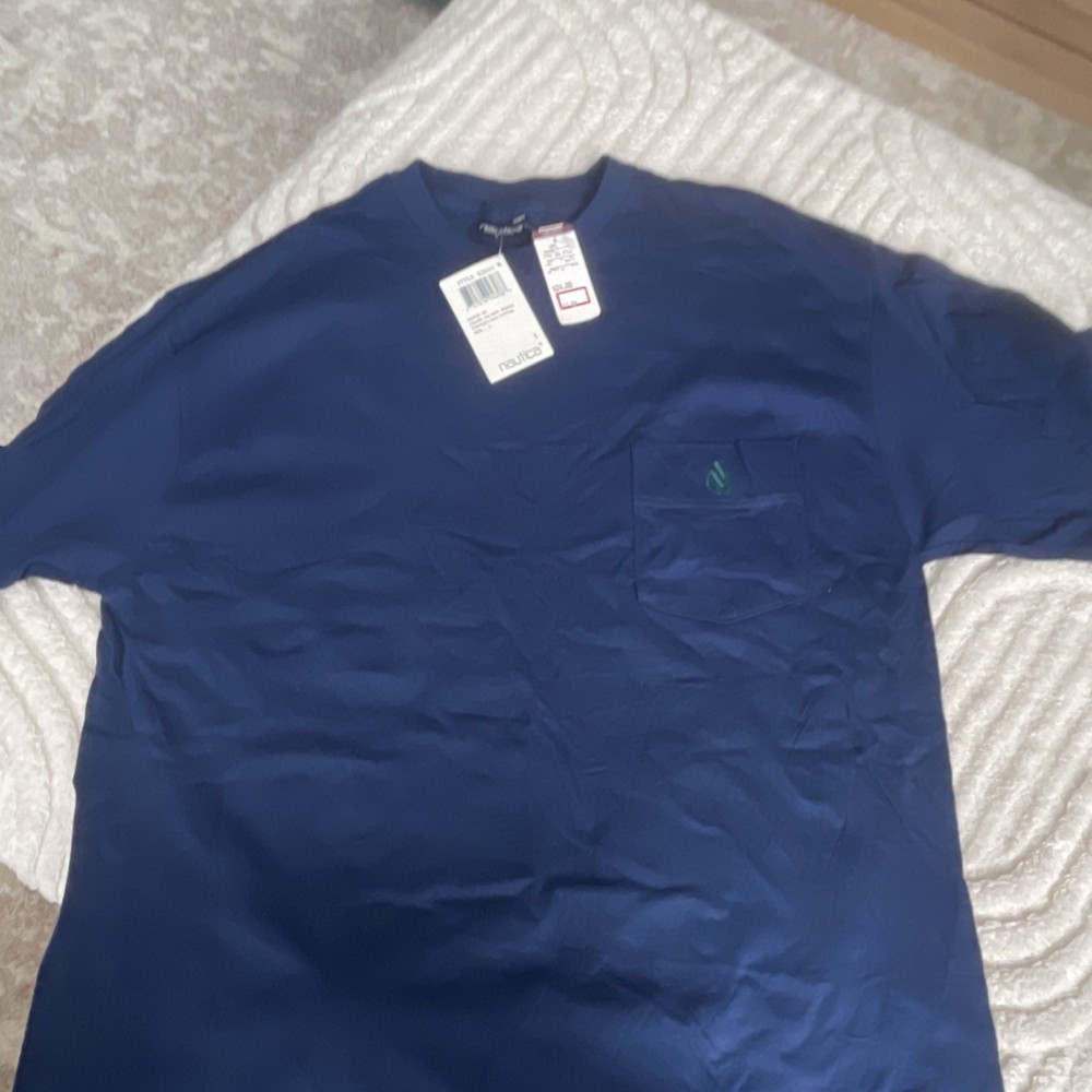 Nautica Men's L Indigo Crew Neck Short Sleeve Cotton Jersey T-Shirt Pocket Logo