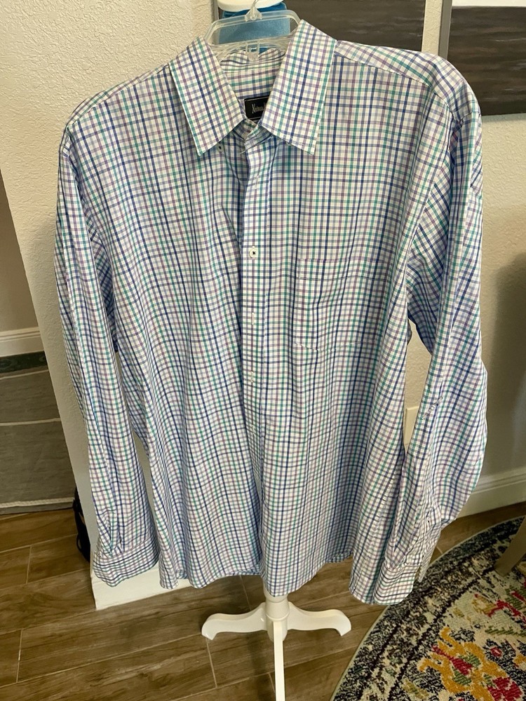 New Neiman Marcus men's Xl long-sleeves Shirt blue, teal, and purple plaid.
