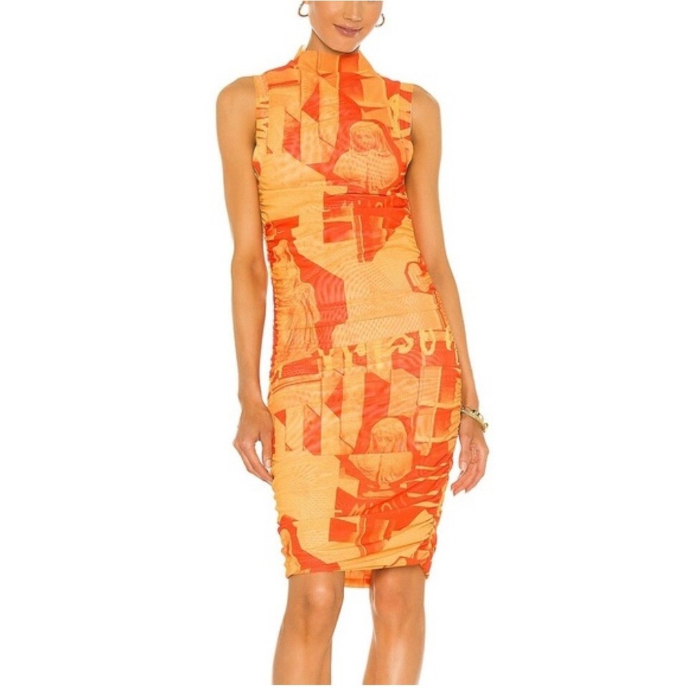 Miaou Orange Graphic Print Ruched Mock Neck Sleeveless Midi Dress Size S