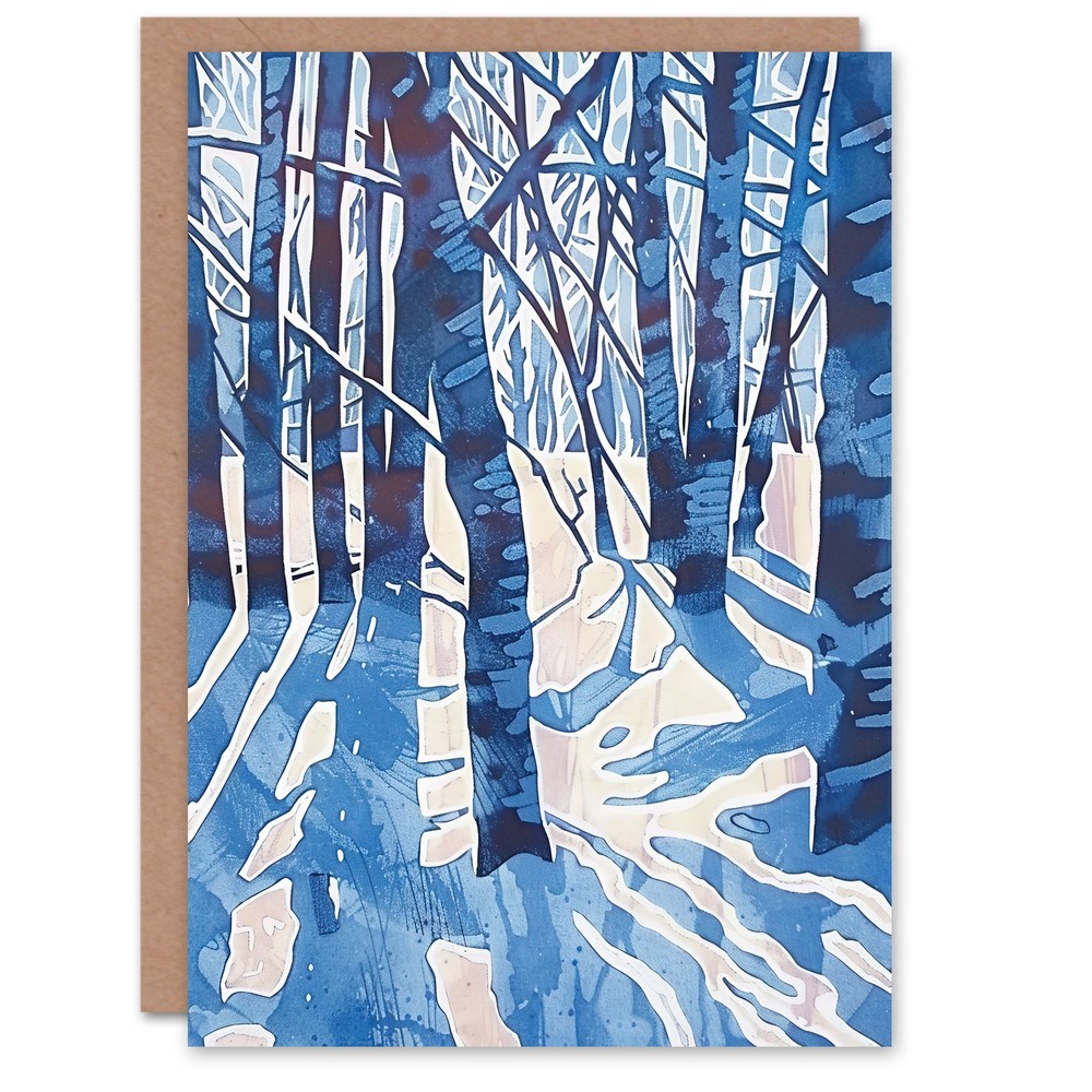 Greeting Card Blue Winter Birch Forest Trees Snow Shadow Blank Birthday