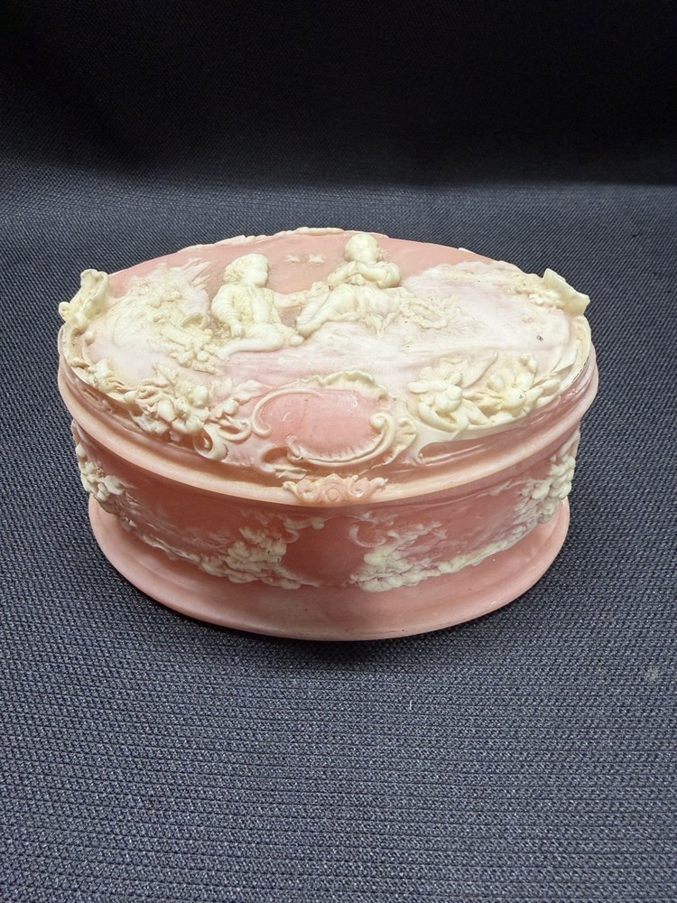 Vintage Genuine Incolay Stone Trinket Dish Jewelry Box Art Nouveau Deco MCM USA