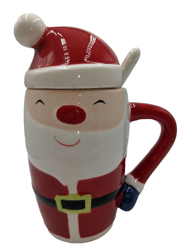 Holiday Santa Claus Hot Chocolate Latte Mug w/Lid & Spoon Ceramic 6.5