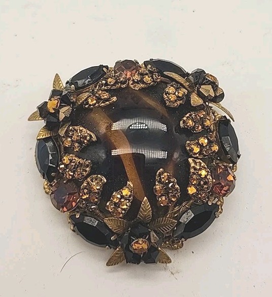VTG Original By Robert Rare Huge Amber & Black Rhinestone Glass Brooch 2.5