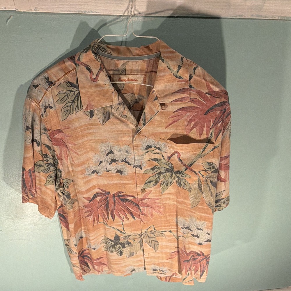 Tommy Bahama Men's L Multicolor Floral Hawaiian Silk Short Sleeve Button-Up