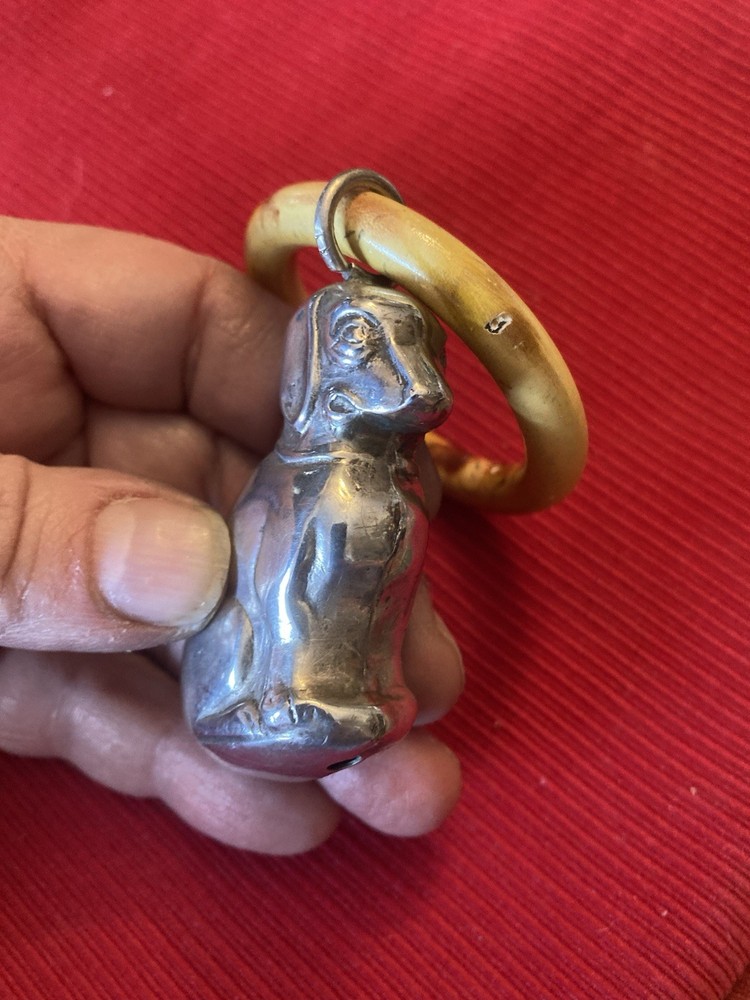 Vintage Dutch Sterling Silver Dog Baby Rattle Teething Ring Marked LdB3 Original
