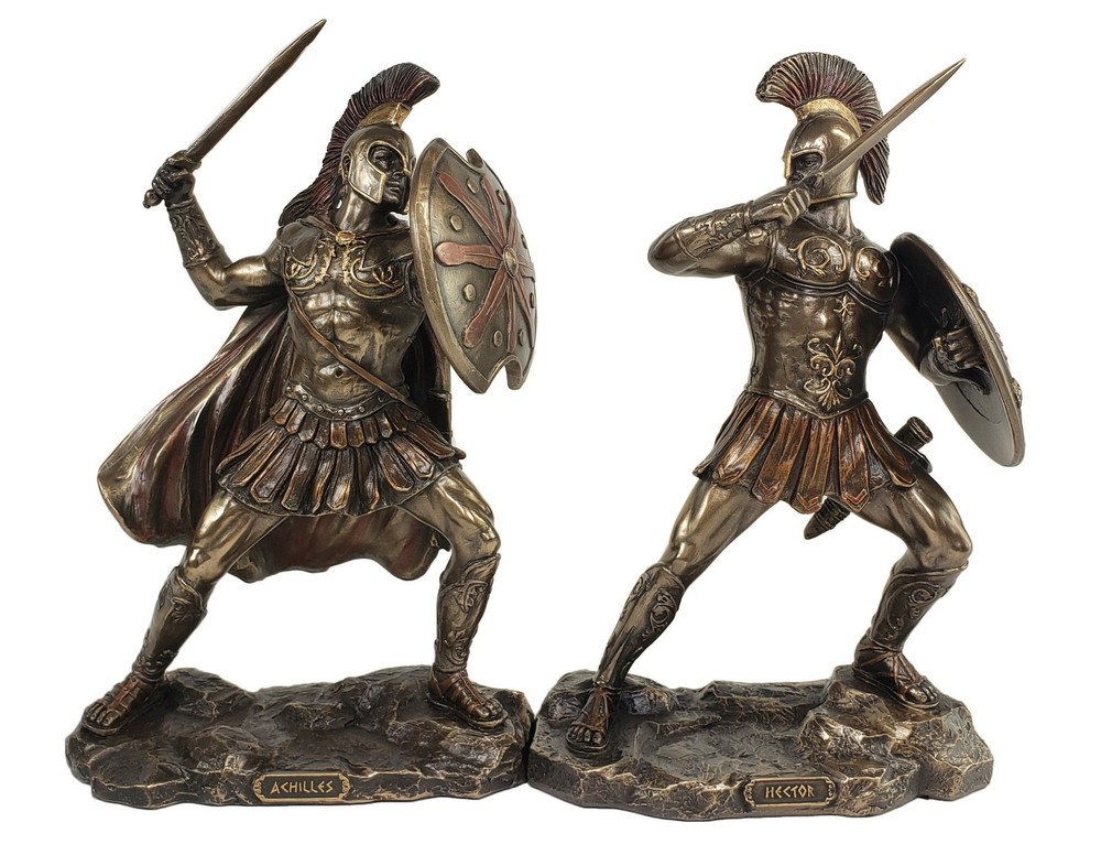Achilles vs Hector W Swords Battle of Troy Greek Mythology Statue Bronze Color-image