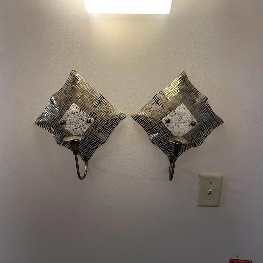 Pair of Vintage MCM Gold-Tone Geometric Cut Metal Wall Candle Sconces 13