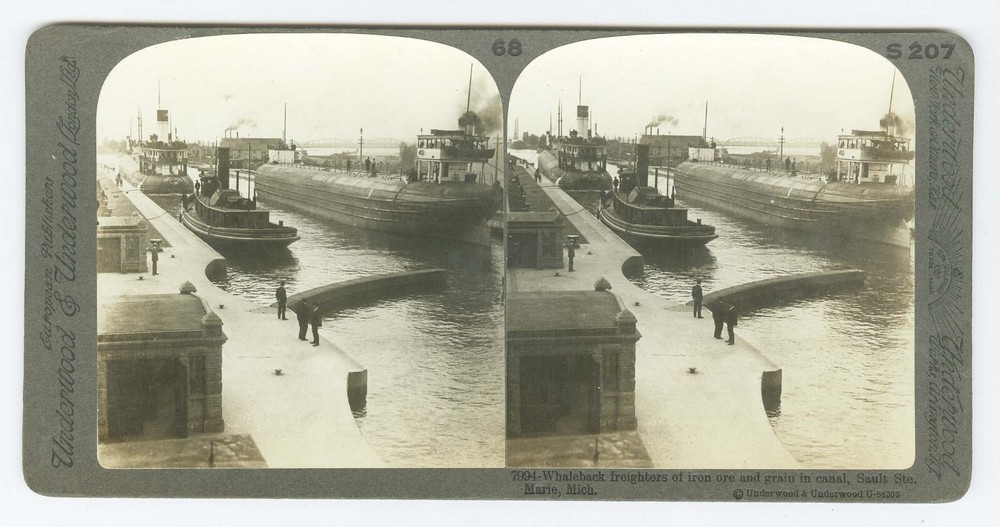 D1122~ MICHIGAN – Whaleback Freighters Sault Ste Marie Canal Stereoview