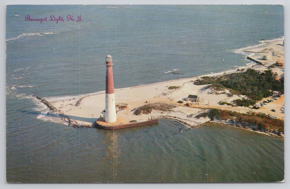 Barnegat Light NJ 1957 Postcard Long Beach Island Lighthouse Aerial View