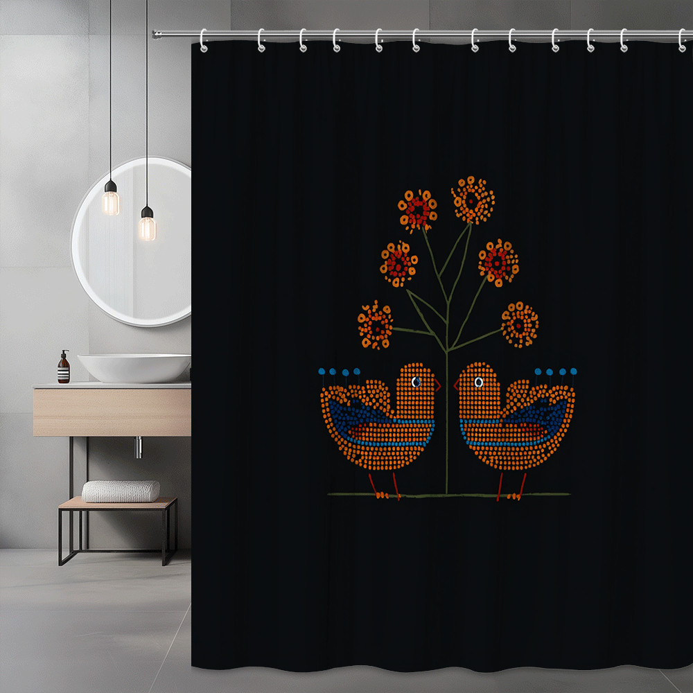Bird Shower Curtain Black Orange Folk Art Print