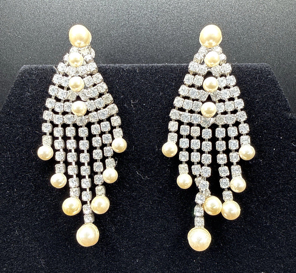 Vtg Rhinestone Faux Pearl Dangle Clip-On Earrings Waterfall Fringe Silver Tone