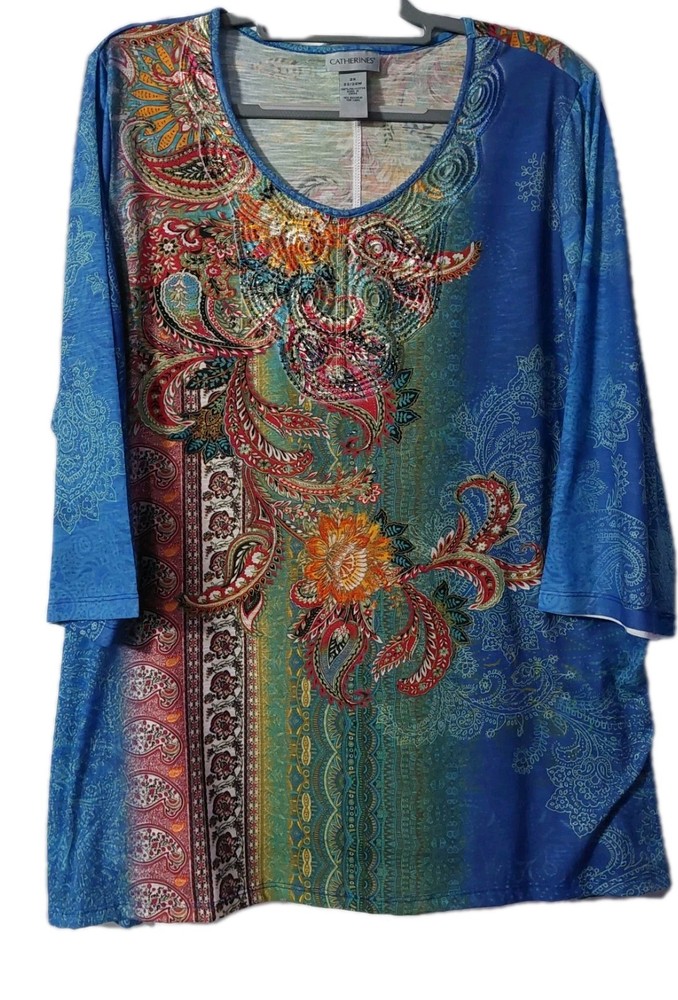 Catherines Womens Tunic Top Size 2X Blue White Striped Leaves 3/4 Sleeve Beaded