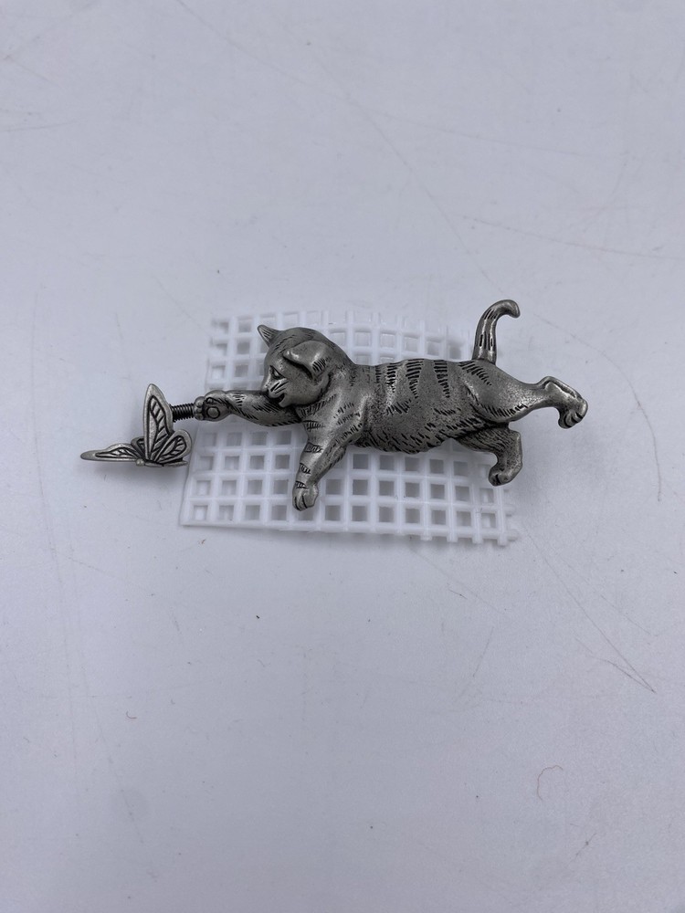 Vintage Pewter Jonette Jewelry JJ Cat and Butterfly Brooch Pin