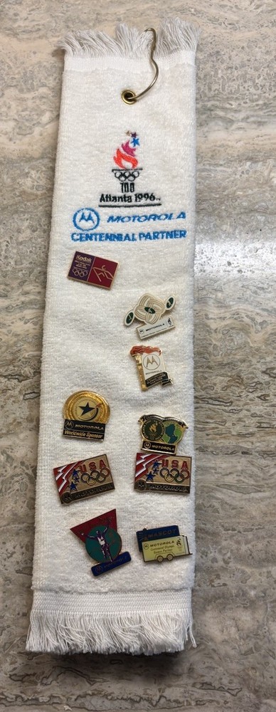 Vintage 1996 Atlanta Olympics Golf Towel with Motorola Centennial Pins