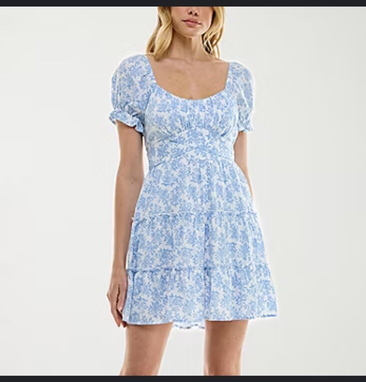 TRIXXI Mini Dress Size M A-Line Floral Smocked Puff Sleeve Tiered Lined Fit