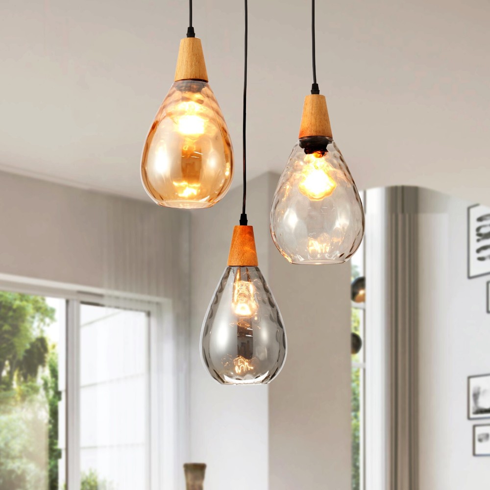 Modern Glass Pendant Light Fixtures, 3 Unique Hammered Glass Cluster Chandelier