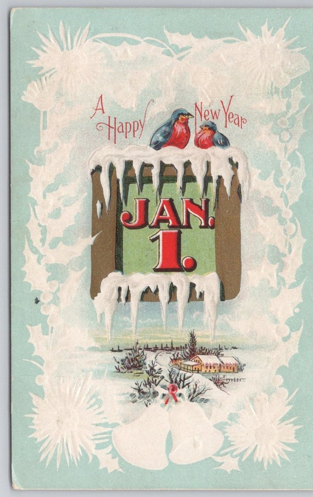 Vintage Embossed New Year Postcard January 1st Birds Icicles Winter Scene