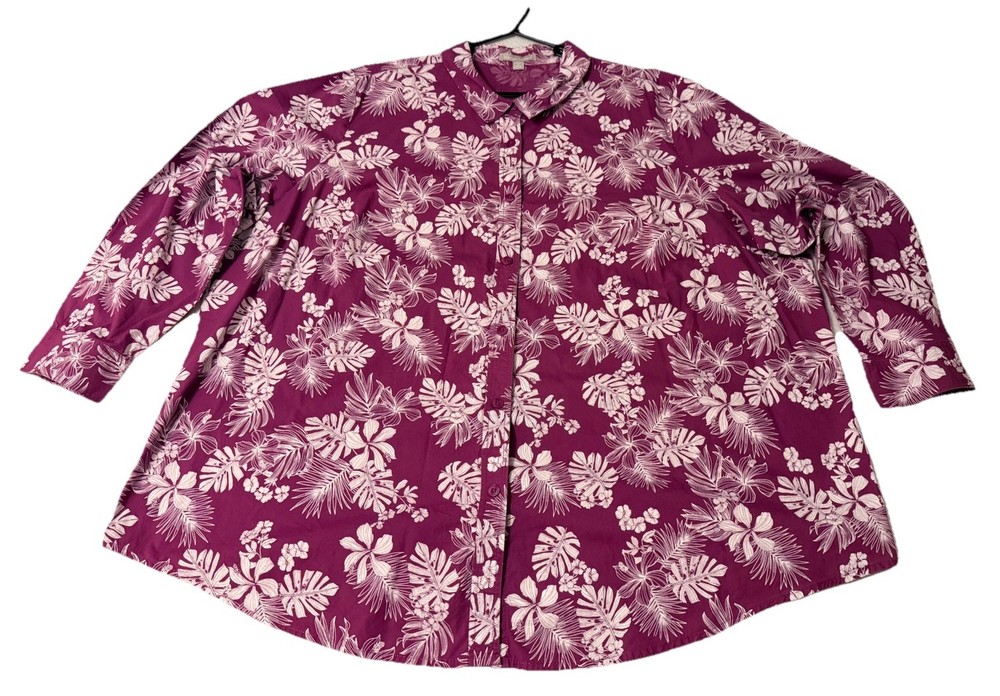 WOMAN WITHIN Women 3X 30/32 Floral Button Up Shirt Long Sleeve Purple White