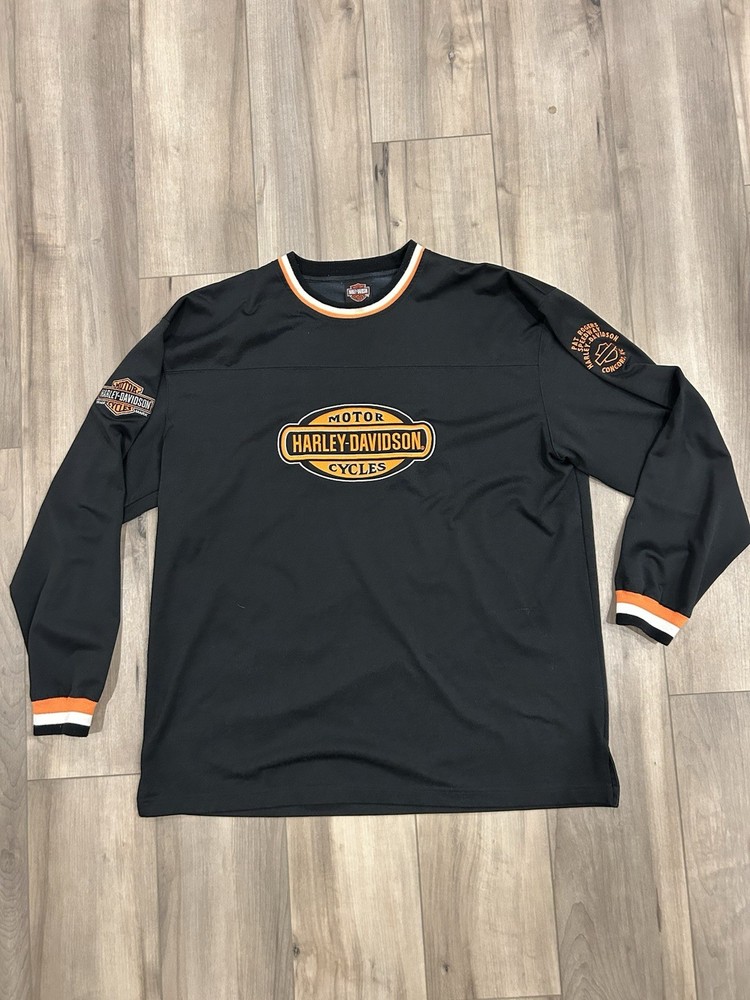 Vintage Harley Davidson Long Sleeve Shirt Mens XL Black Orange Embroidered Y2K