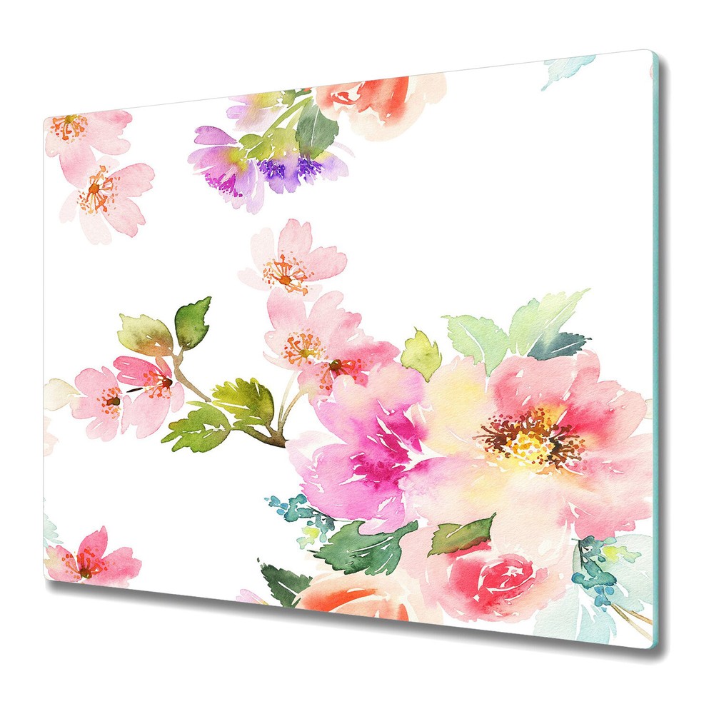 Glass Cutting Board Worktop Saver Delicate Flowers Watercolour Leaves 60x52