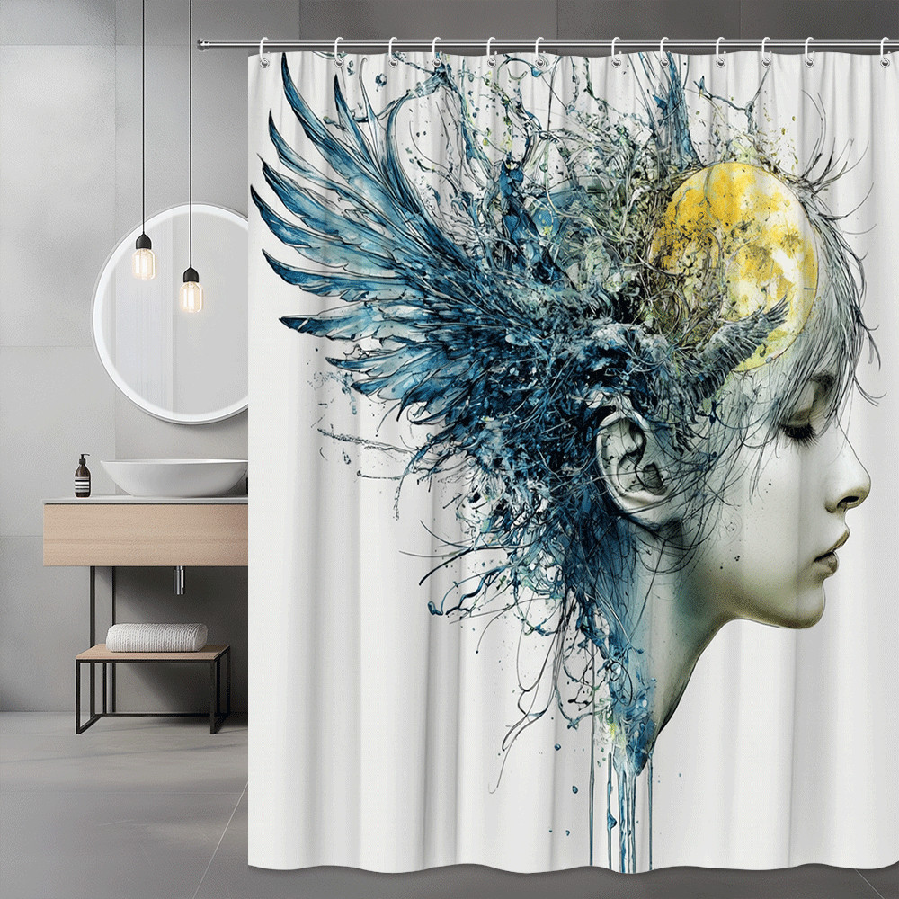 Abstract Woman Profile Shower Curtain Blue Yellow Art