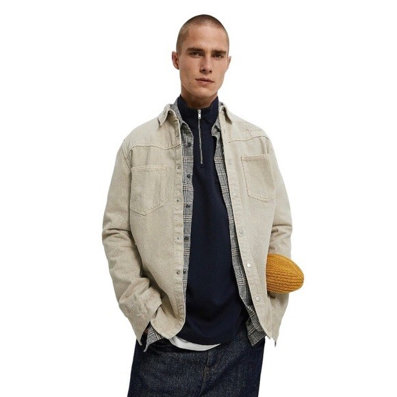 Zara Denim Overshirt Men's Size Medium Khaki Tan Ripped Distressed