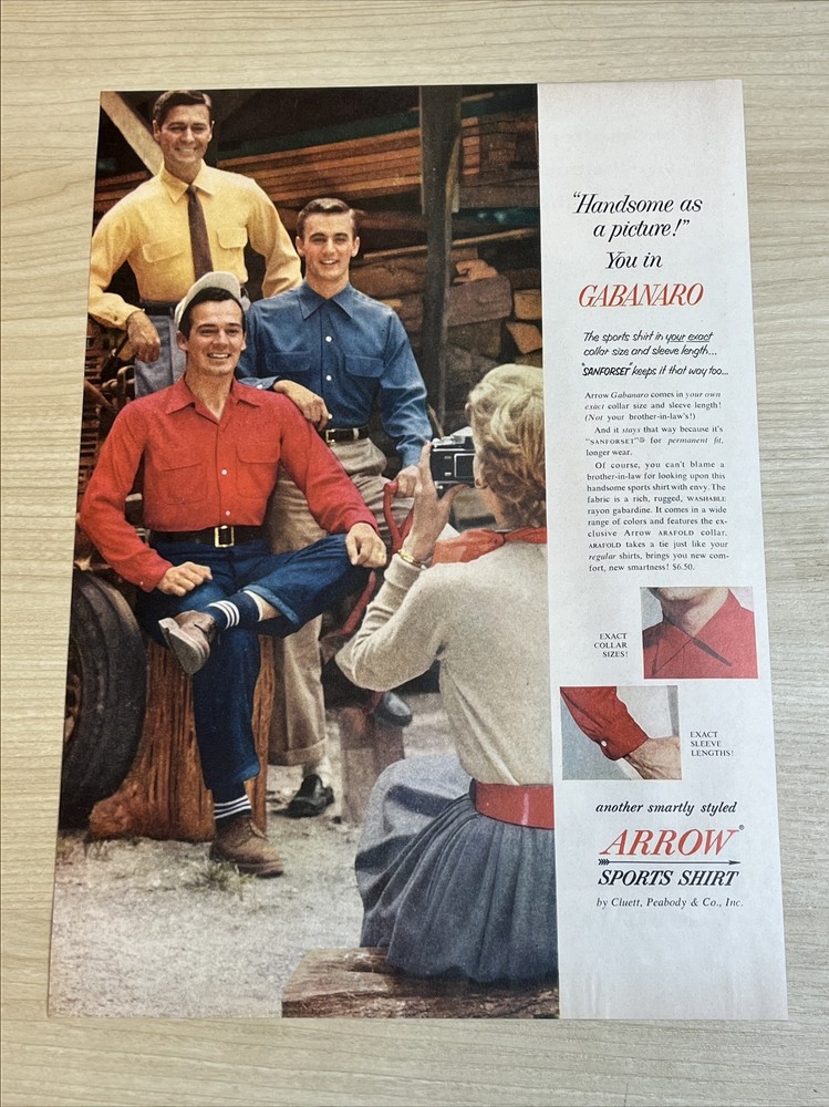 Gabanaro Arrow Sports Shirt Sanforset Vintage 1953 Print Ad Life Magazine