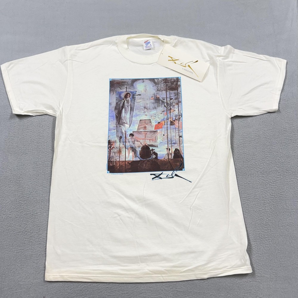 Vintage Salvador Dali Shirt Mens Large White Jerzees Graphic Print Tee Art USA