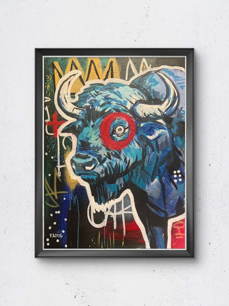 Faris 12x16 Original Modern Abstract Acrylic on Canvas -Blue Red Eye Buffalo-image