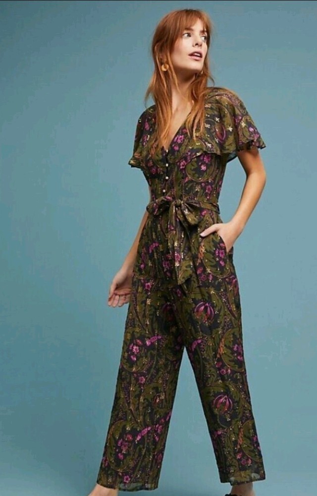 Anthropologie Ett Twa Brenda Jumpsuit Dark Floral Metallic Size 0 Party