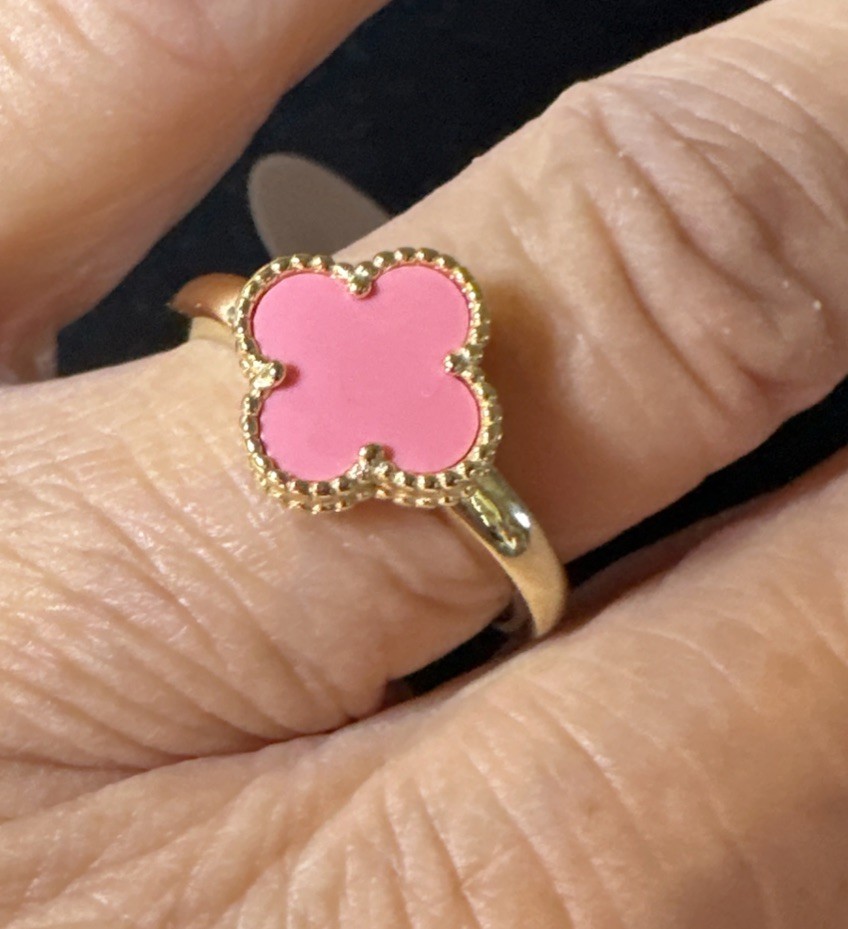 925 Sterling Silver Gold Plated Pink 4 Leaf Flower Ring. Size Is  8 Inches.