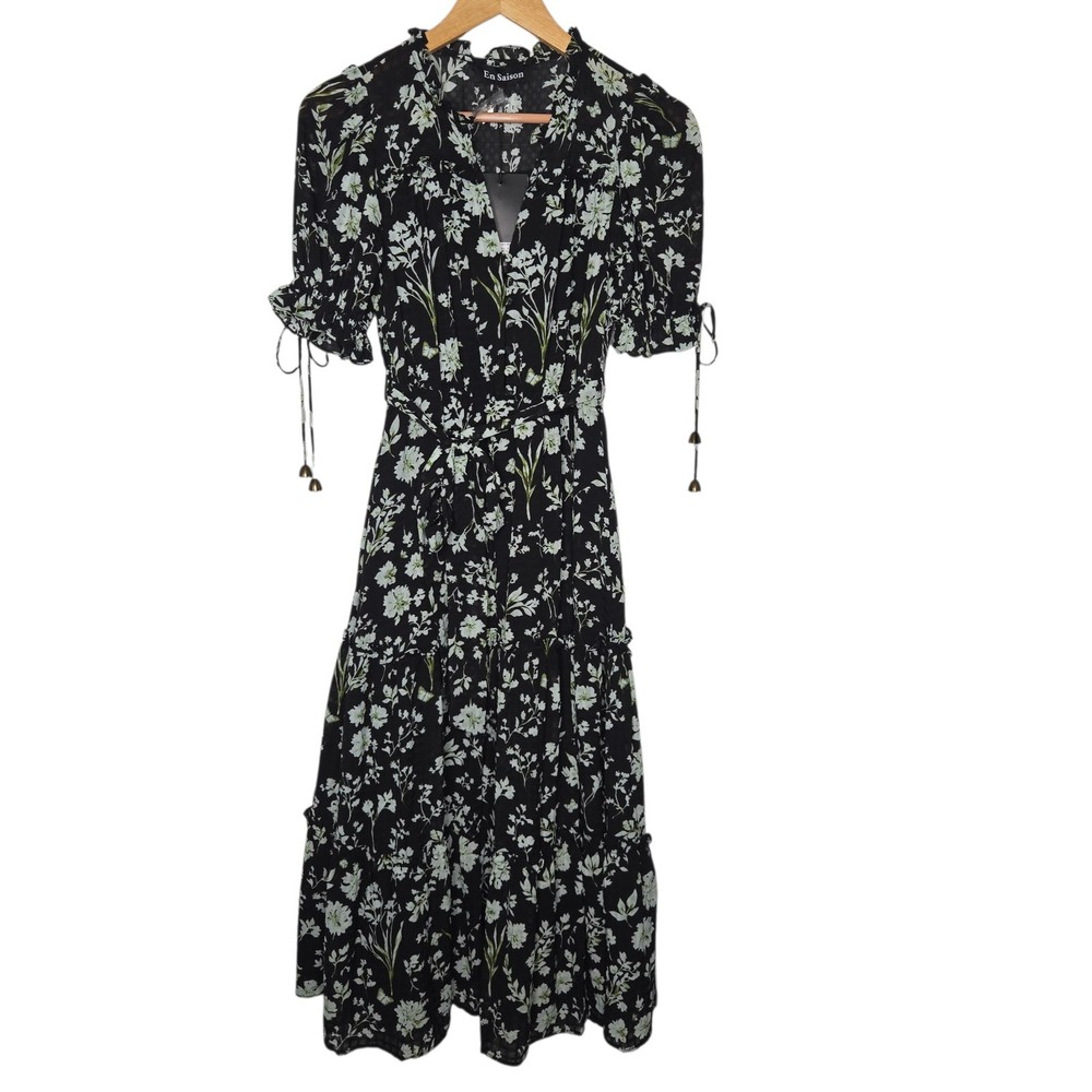 En Saison Floral Emory Printed Short Sleeve Tiered Belted Midi Dress XS