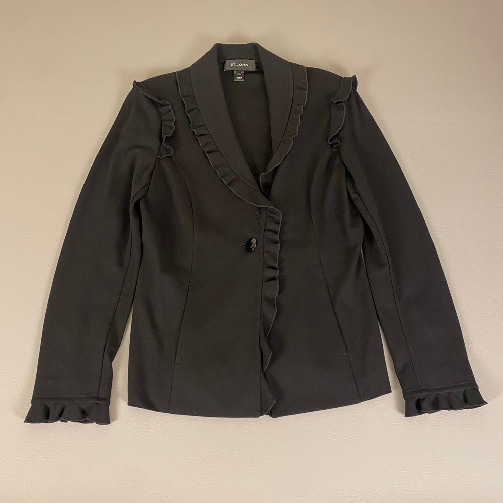 St. John  Blazer Jacket  Size 6 Black w/ Ruffled Hem Trim Formal Evening Career