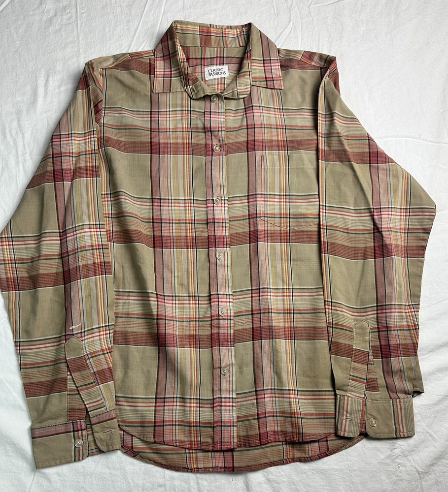 🤎✨ Women’s Vintage Plaid Button Down Shirt Tan Red Classic ✨🤎