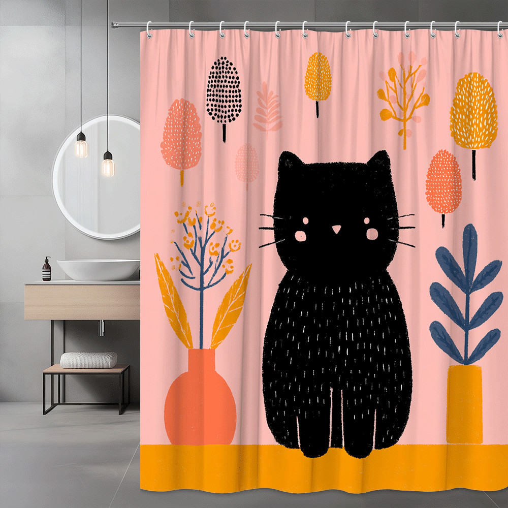 Black Cat Floral Shower Curtain Pink Background