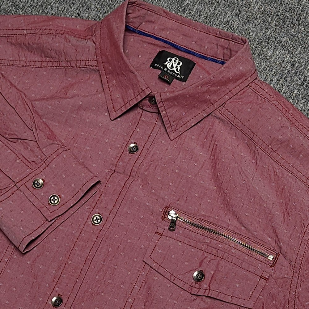 Rock & Republic Mens Button Up Shirt XL Long Sleeve Red Geometric Zipper Cotton