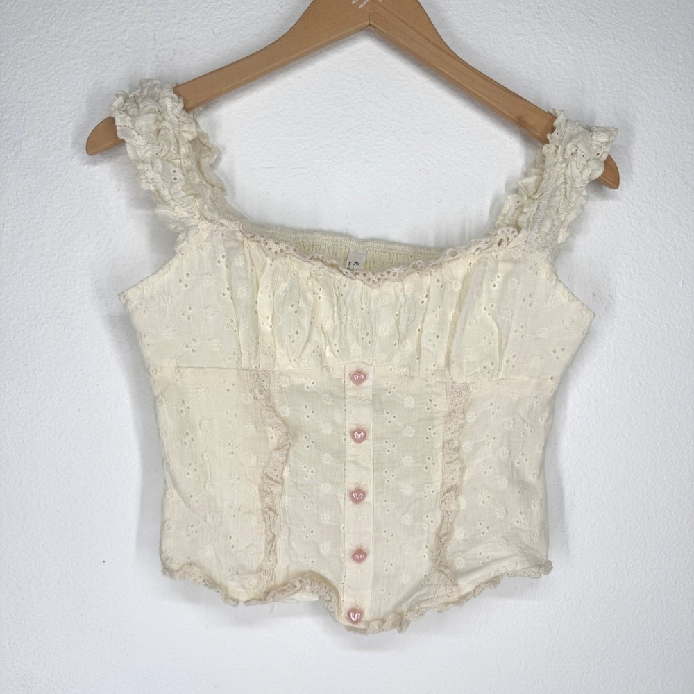 Womens Eyelet Milkmaid Corset Top Pink Small Heart Button Cream Coquette Smocked