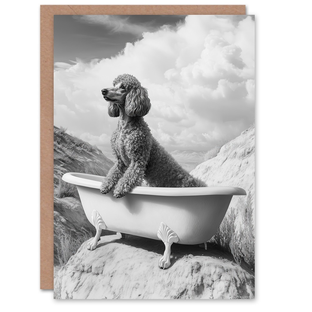 Surreal Dog Lover Black White Poodle in Bathtub Birthday Greeting Card