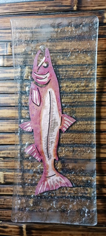 JONES GLASSWORKS Fused Glass Copper Salmon Flounder Appetizer Plate Lot 2 Food