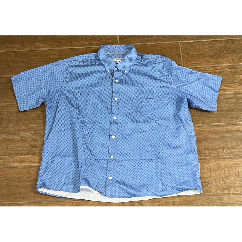 Peter Millar Mens XXL Blue Geometric Print Short Sleeve Cotton Button Down Shirt