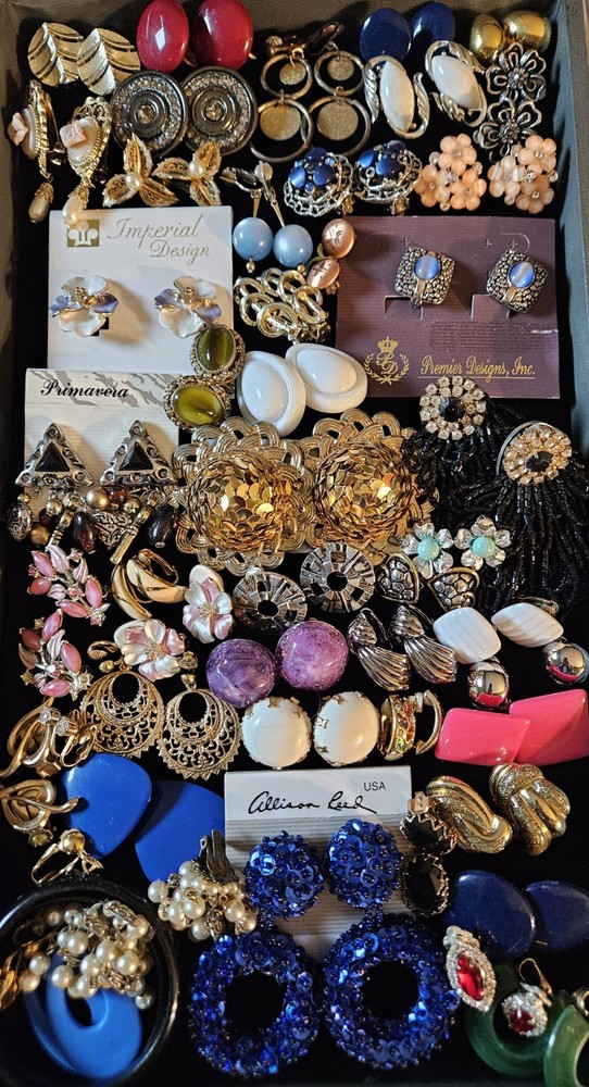 Huge Vintage Earrings 80s+ Clip Chunky Statement Colorful Some Signed Lot 48 Prs