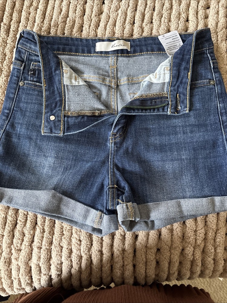 Kancan Women's Distressed High Rise Button Fly Jean Shorts Cuffed Sz M
