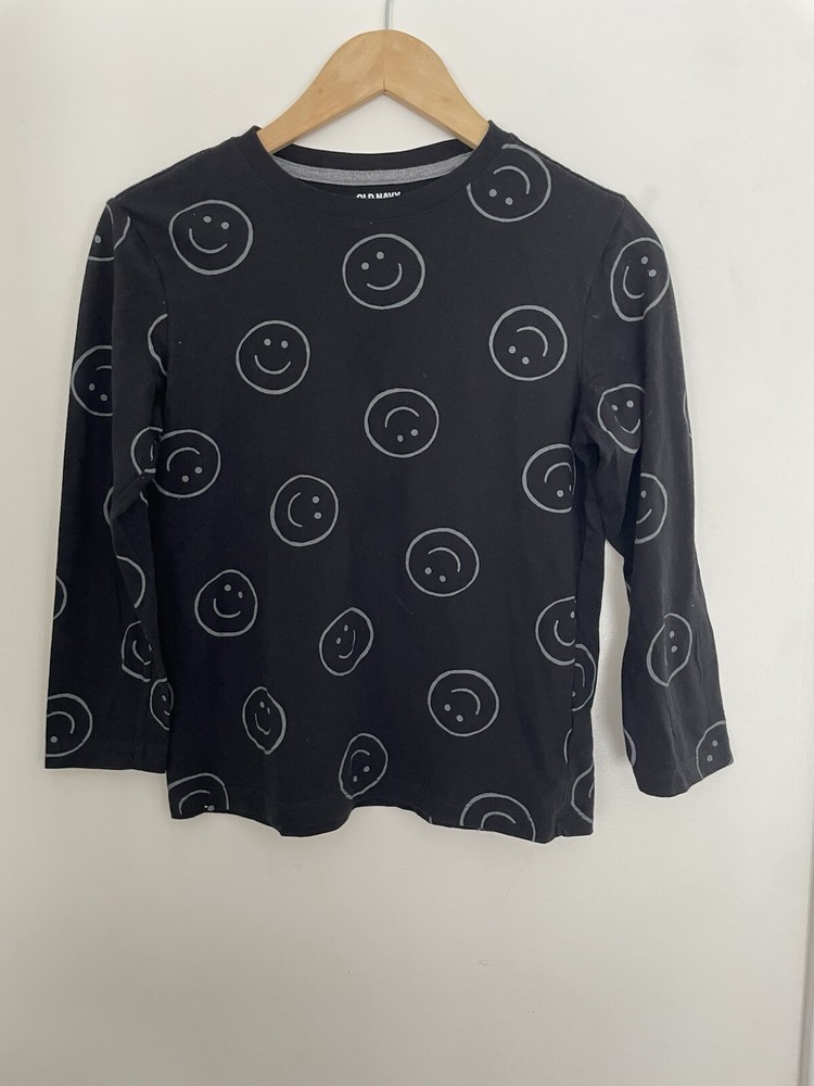 Old Navy Softest Tee Kids Boys Cute Smiley Face Long Sleeve Shirt Black L 10-12