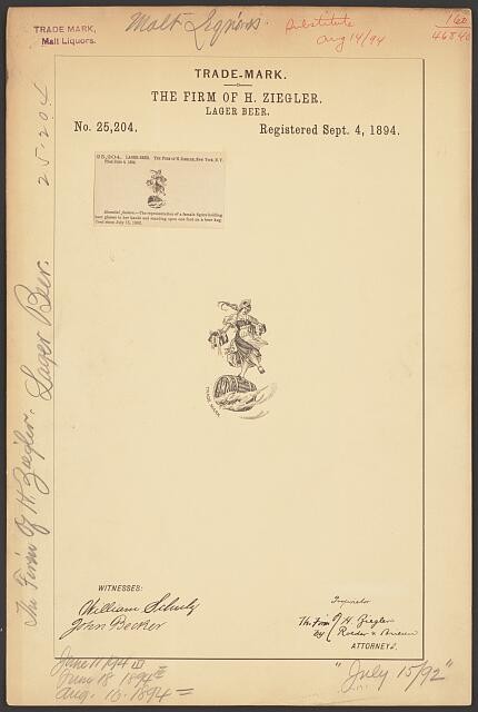 Photo:H Ziegler Lager Beer Trademark Registration 1894 Female Beer Logo