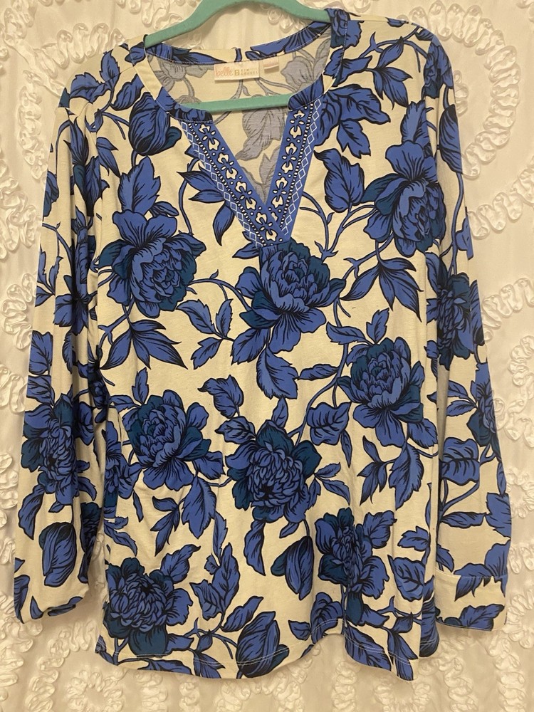 Belle By Kim Gravel Womens BOHO Peasant Top Large Navy Blue Floral Long Sleeve
