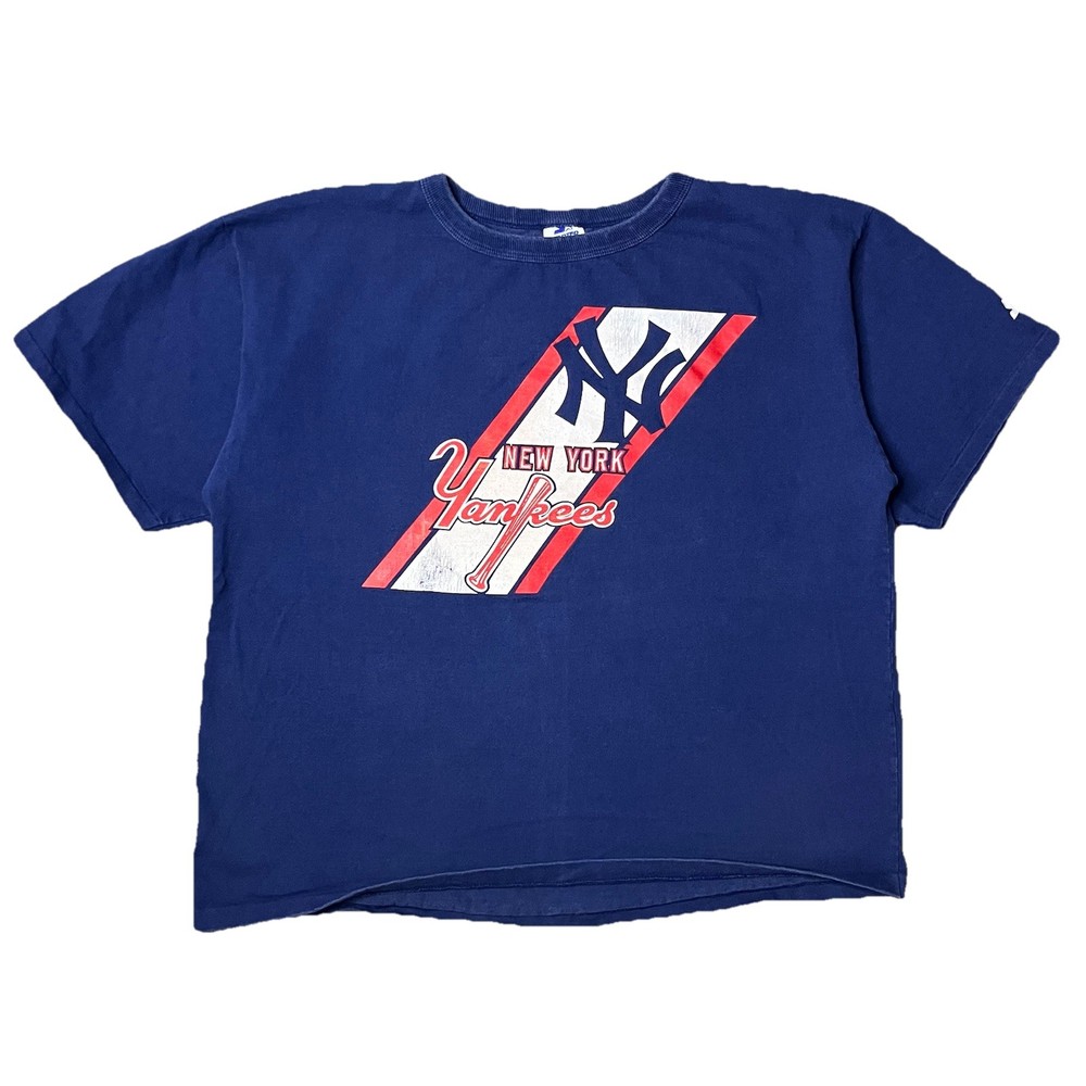 Vtg 90s Starter New York Yankees Graphic T Shirt Mens XL Navy Blue Boxy Crop MLB