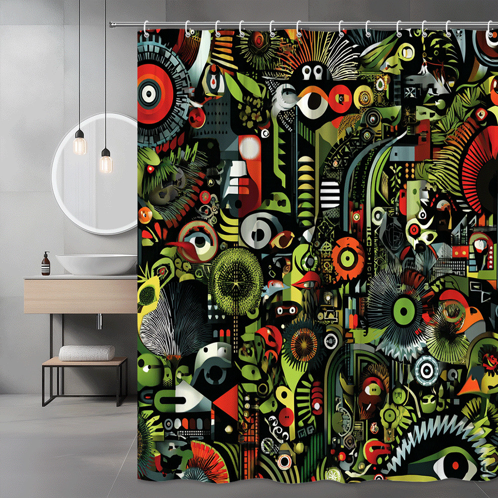 Abstract Boho Shower Curtain Black Green Orange Graphic Print