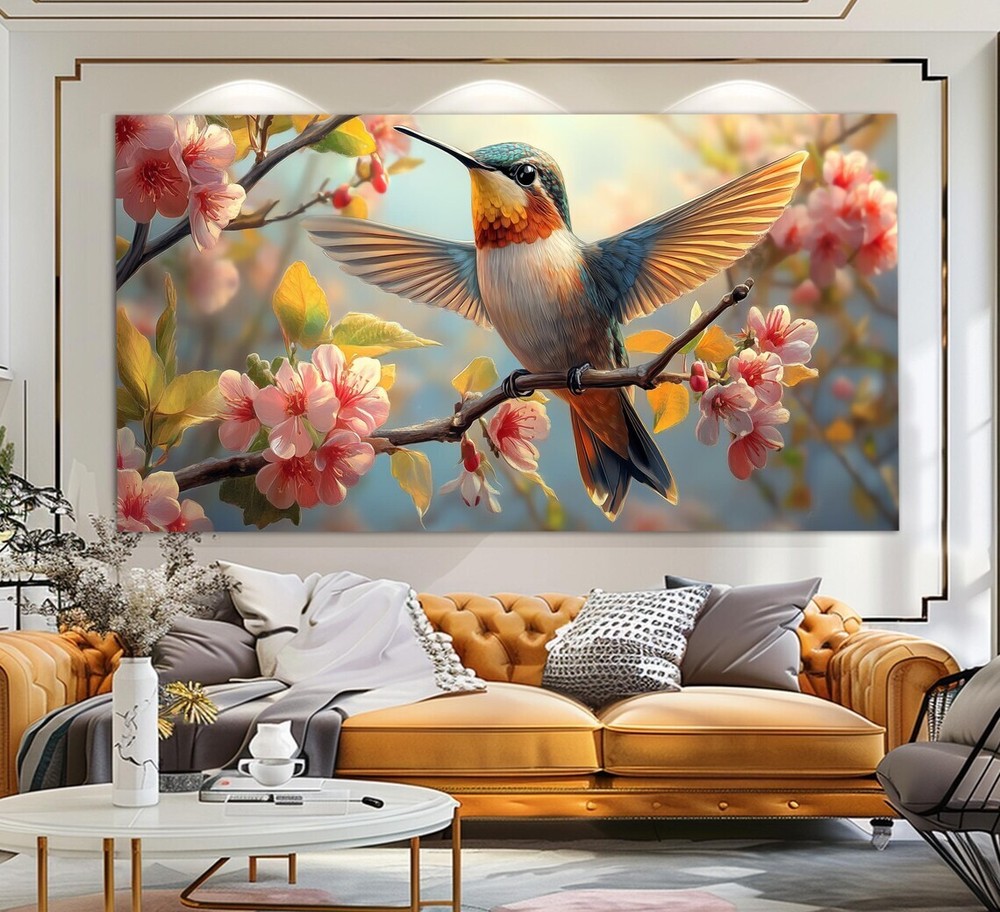 Hummingbird Painting, Colibri Blossom Wall Art Canvas Unframed Print Art
