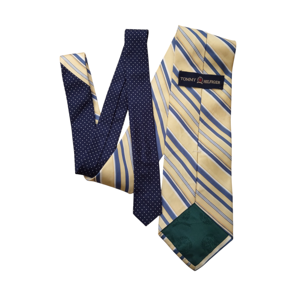 Tommy Hilfiger 100% Silk Tie Yellow & Blue Stripe Contrast Dot Back Made in USA